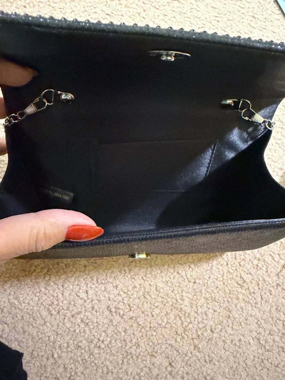 Black Beaded Evening Clutch Crossbody Purse Silver Chain NWOT Formal